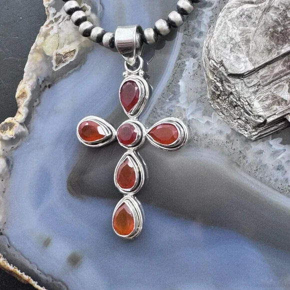 Sterling Silver Southwestern Style Carnelian Decorated Cross Pendant For Women - Picture 5 of 10